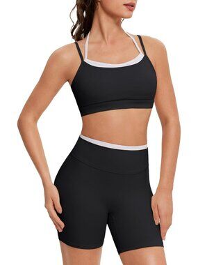 Women's Black Doubel Layer Open Back Activewear Sports Bra & Gym Shorts Sets